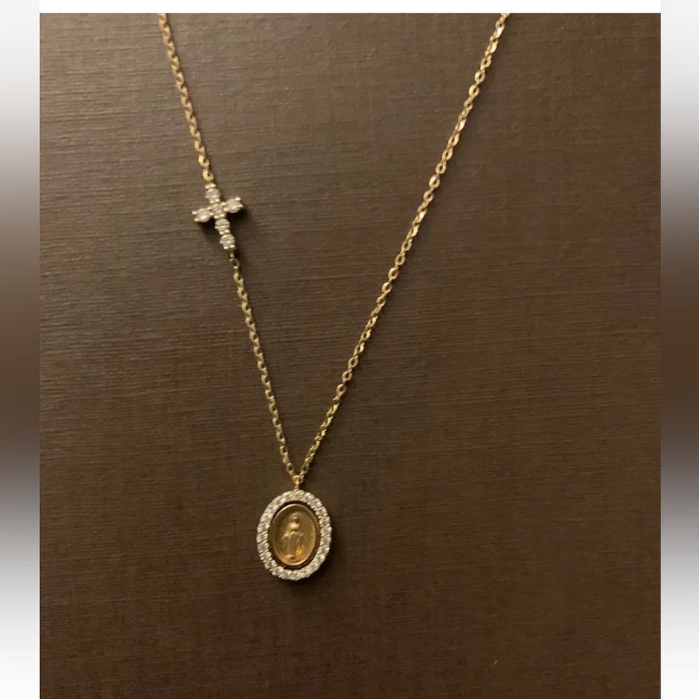 14K yellow gold diamond Saint necklace with asymmetrical diamond cross. NWOT